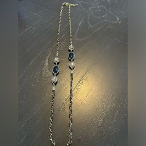 Chico’s long brown suede and gold link chain necklace with navy and pink beads